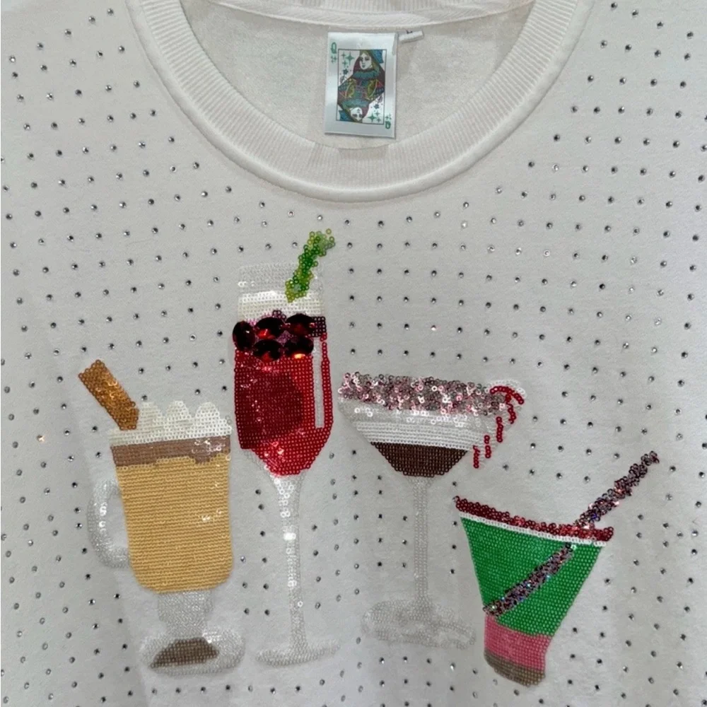 🍸🍹Queen Of Sparkles L Holiday Cocktails Sequin & Rhinestones Sweatshirt EUC - Picture 2 of 10